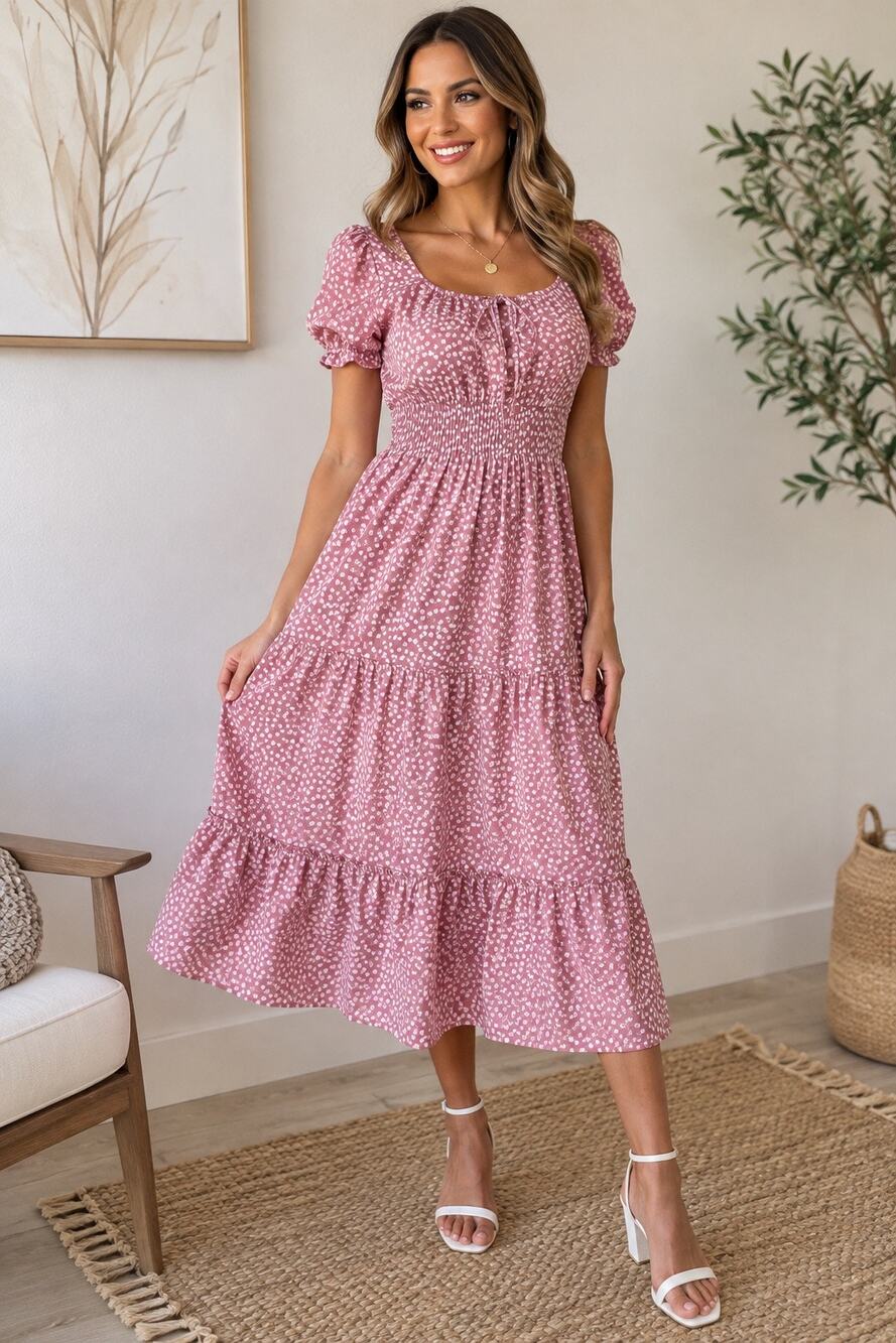 Women’s Pink Floral Puff Sleeve Midi Dress Medium Cottagecore Boho Tiered Daisy